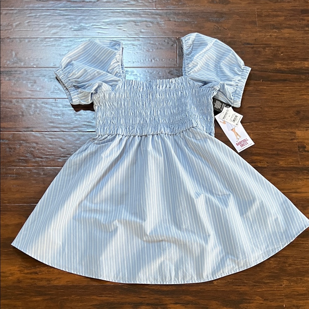 NWT Celebrity Pink Light Blue Pinstripe Smocked Puff Sleeve Dress Size XL